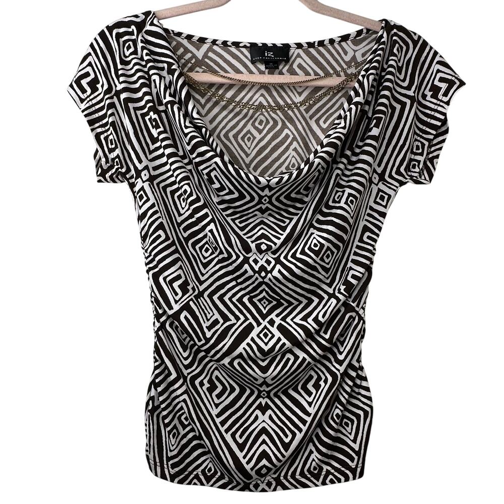 Md Y2K VTG IZ Byer Brown Geometric Print Cowl Neck Ruched Top w/ Chain Bratzcore